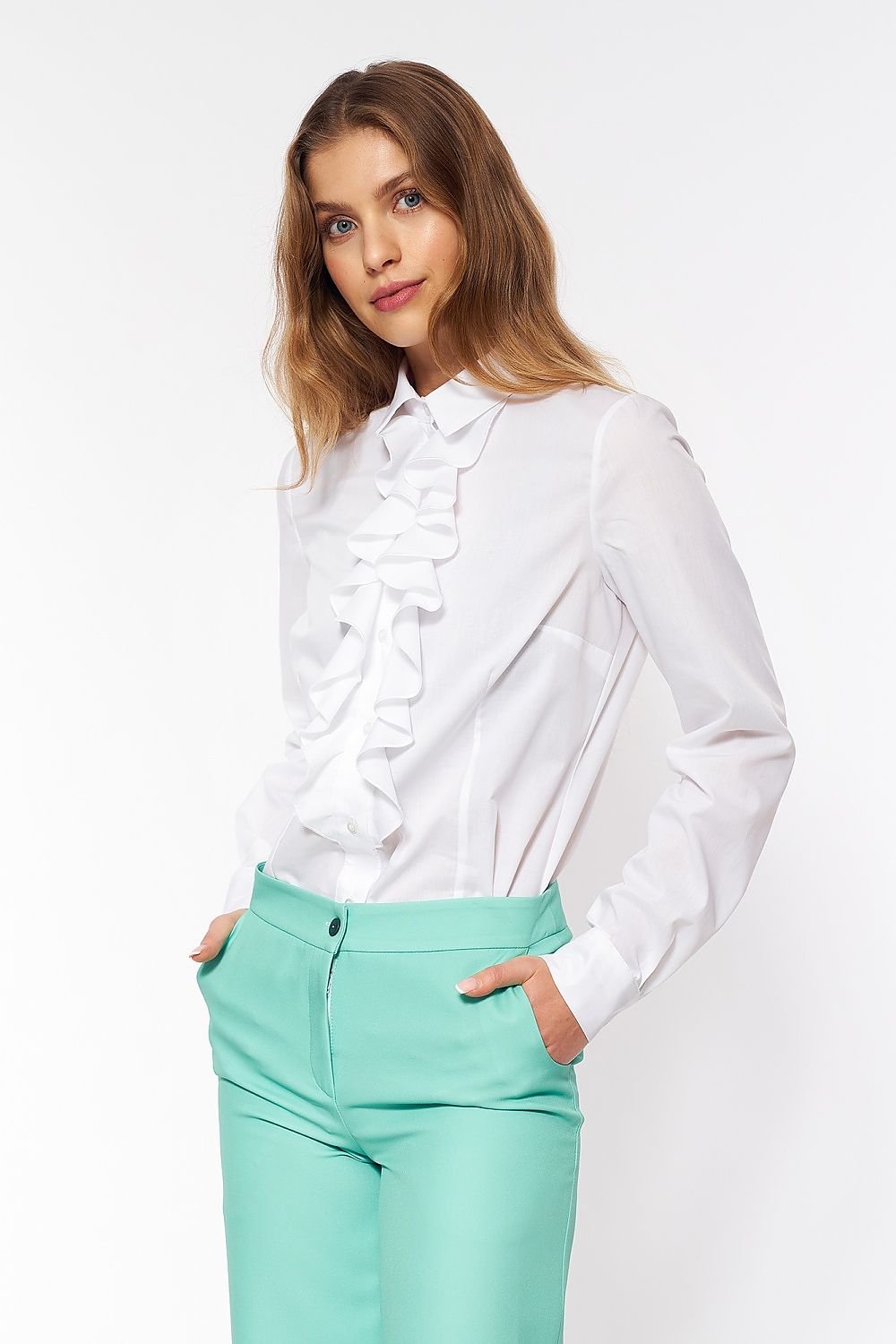 Long sleeve shirt with jabot at neckline