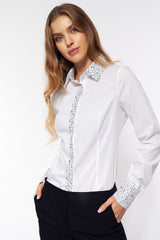 Long sleeve Classic white shirt broken with patterned placket, cuffs and collar