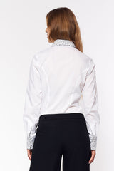 Long sleeve Classic white shirt broken with patterned placket, cuffs and collar