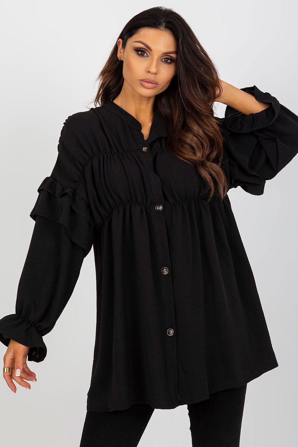 Women fashion  Long sleeve shirt with decorative ruffles.