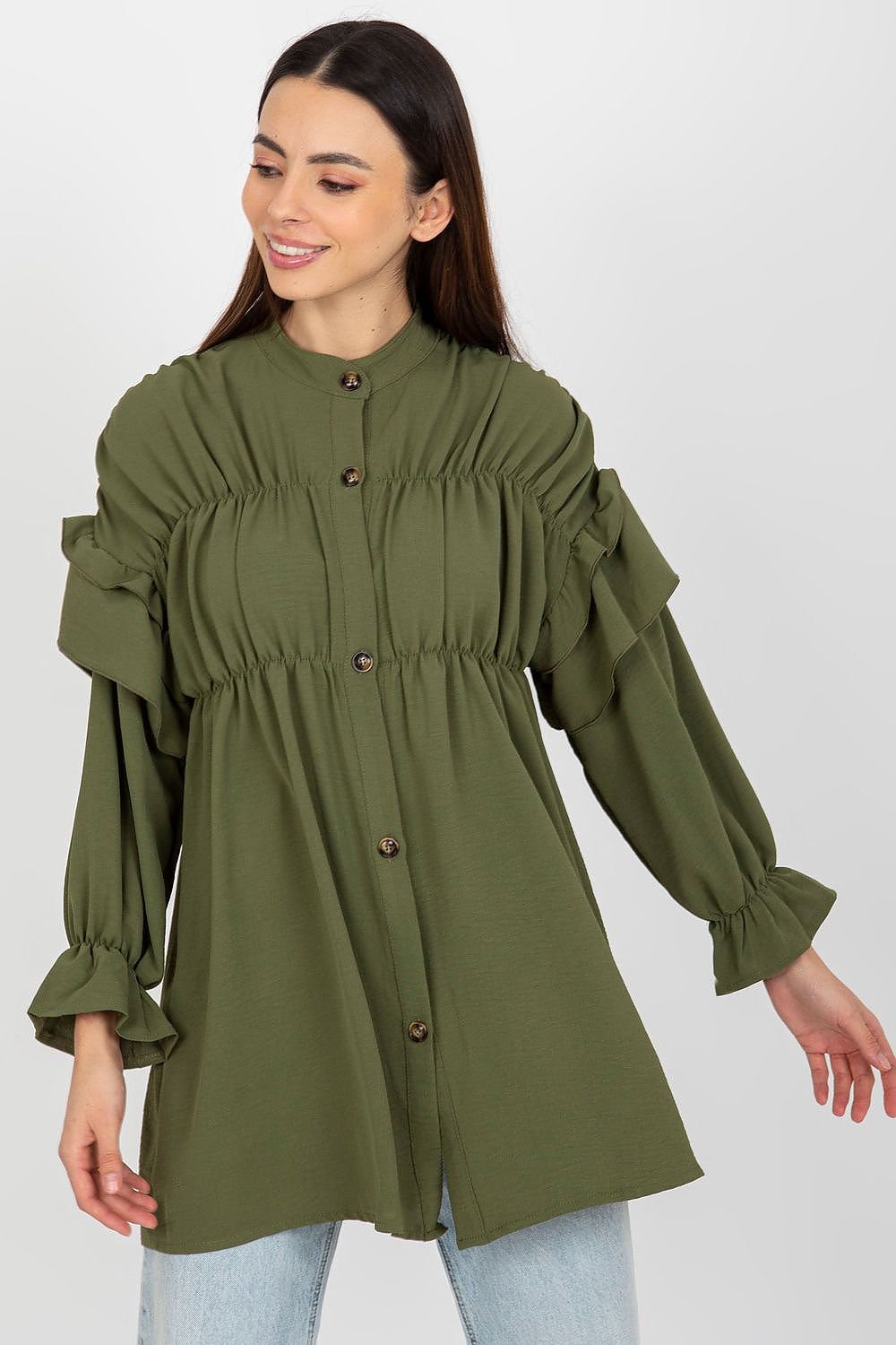 Women fashion  Long sleeve shirt with decorative ruffles.