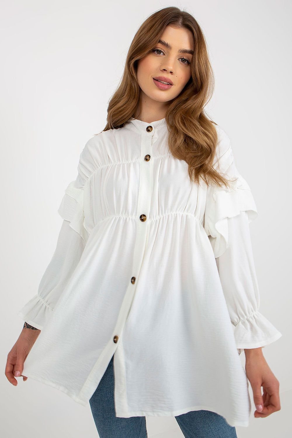 Women fashion  Long sleeve shirt with decorative ruffles.