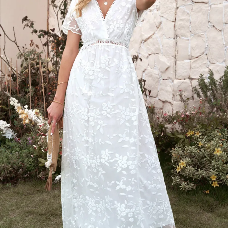 Women Fashion V-Neck Lace Hollow Crochet Solid Color Maxi Dress