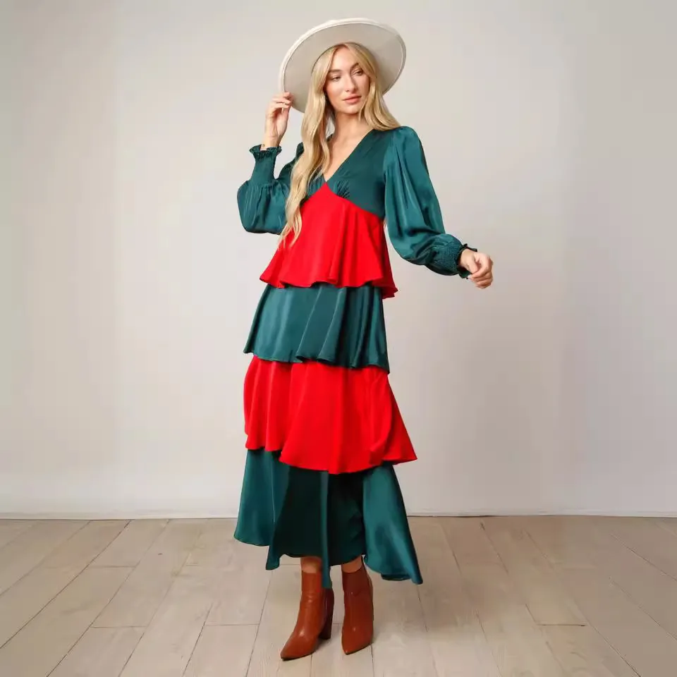 Women Fashion V-Neck Color Block Stitching Long Sleeve Dress