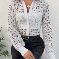 Women Fashion V-Neck Lace Long Sleeve Shirt