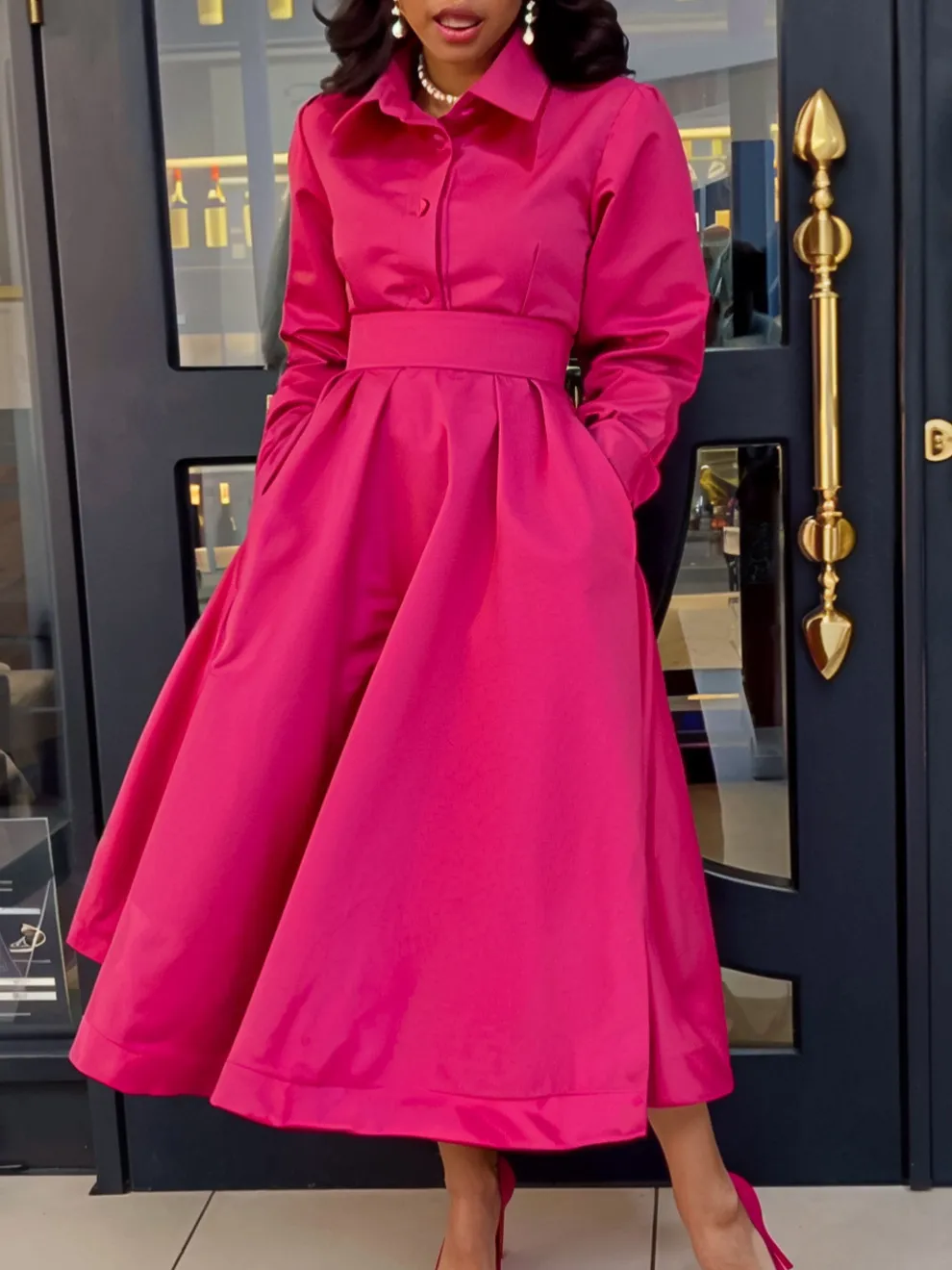 Winter Large Swing Lapel Long Sleeve Midi Dress