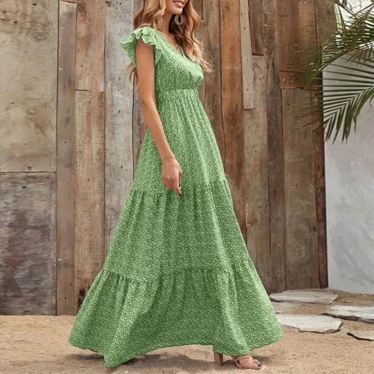 Women Fashion Bohemian Printed V-Neck Defined Waist Maxi Dress