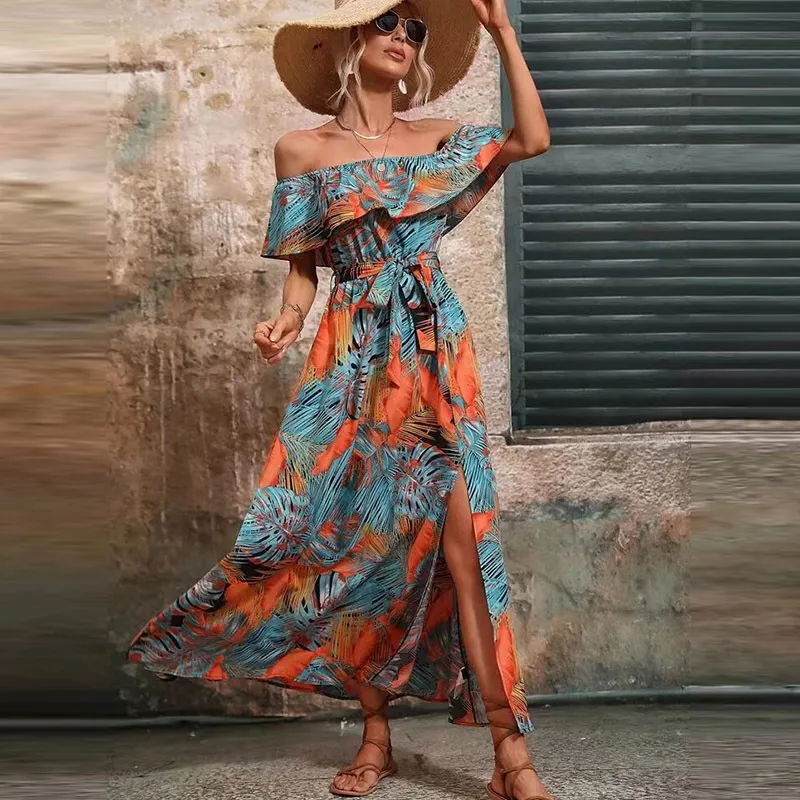 Women Fashion Casual Vacation Beach Boat Neck Ruffled Flower Print Maxi Dress