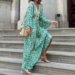 Women Fashion Casual Print Long Sleeve Maxi Dress