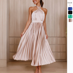 Women'S Elegant Solid Halter Pleated Maxi Dress