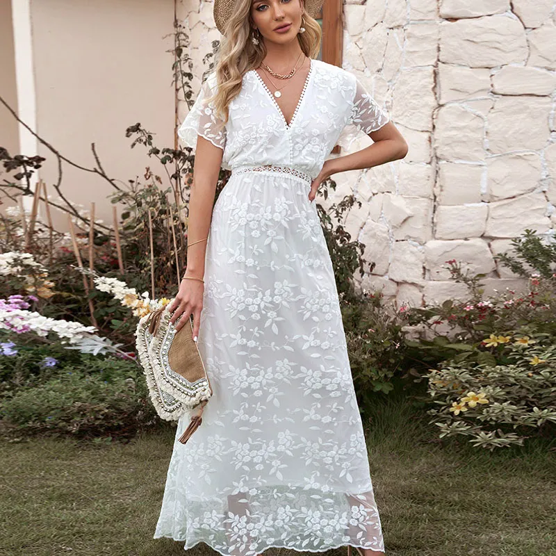 Women Fashion V-Neck Lace Hollow Crochet Solid Color Maxi Dress