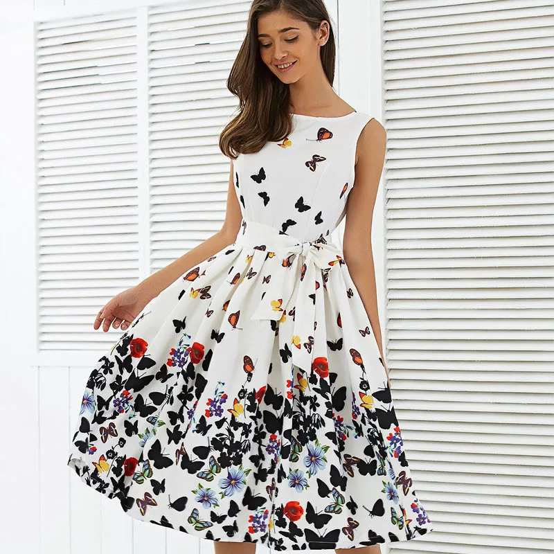 Sleeveless Butterfly Printed Swing Midi Dress