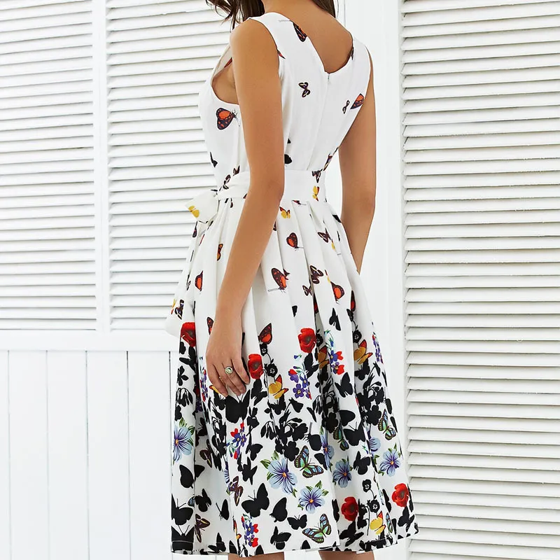 Sleeveless Butterfly Printed Swing Midi Dress