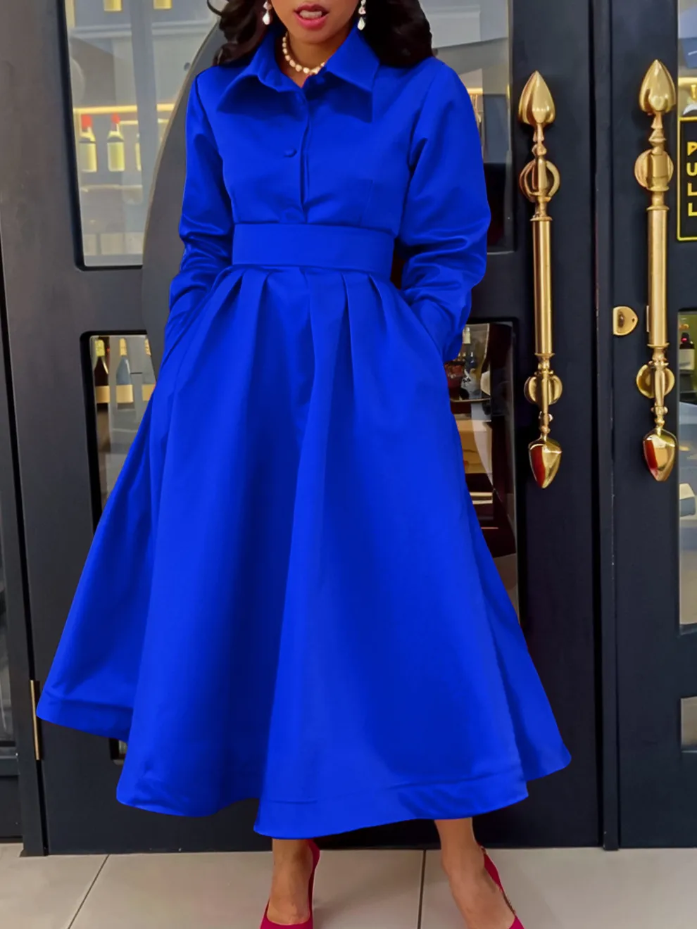 Winter Large Swing Lapel Long Sleeve Midi Dress