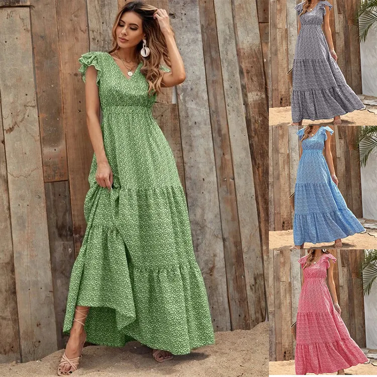 Women Fashion Bohemian Printed V-Neck Defined Waist Maxi Dress