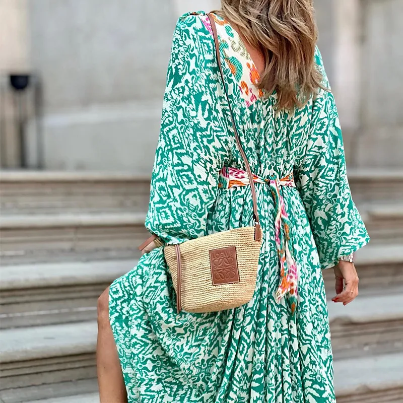 Women Fashion Casual Print Long Sleeve Maxi Dress