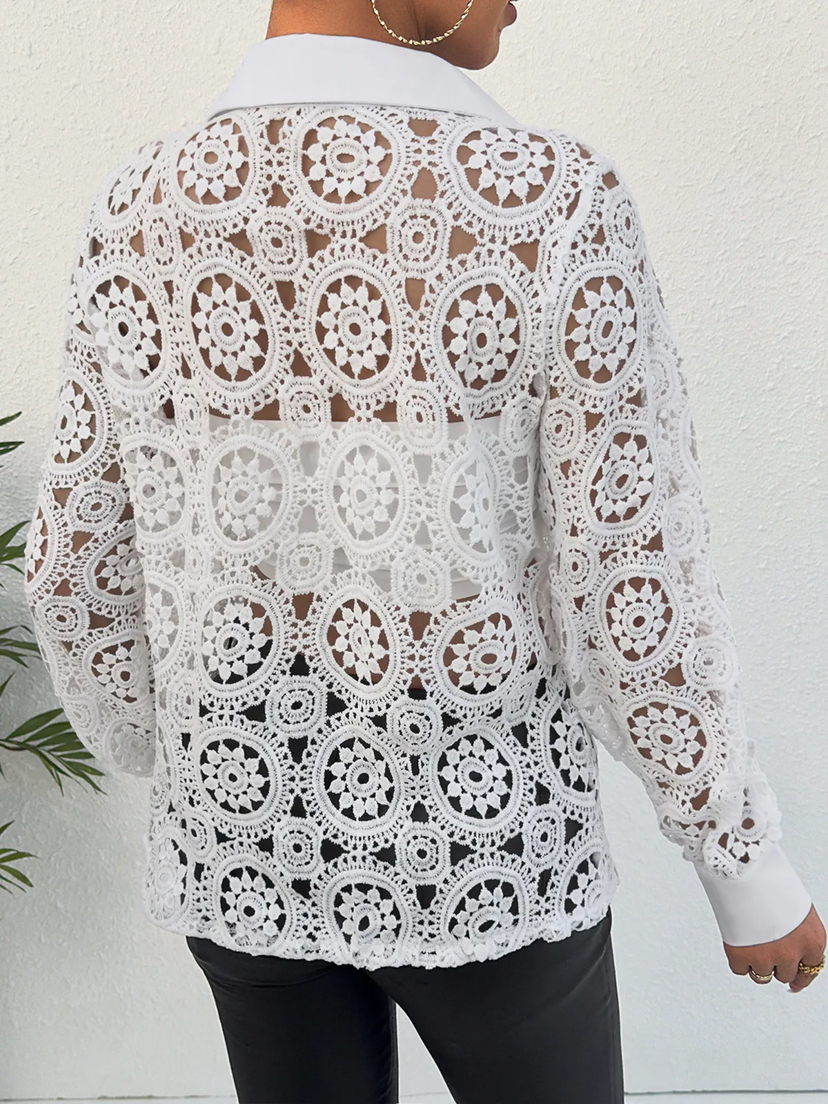 Women Fashion V-Neck Lace Long Sleeve Shirt