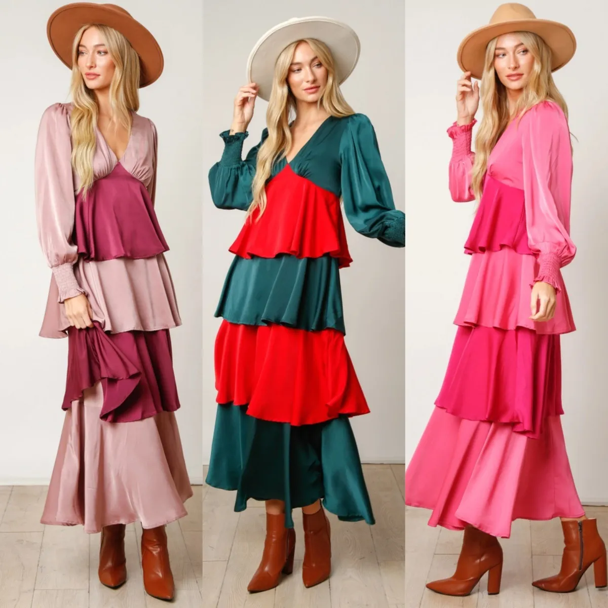 Women Fashion V-Neck Color Block Stitching Long Sleeve Dress