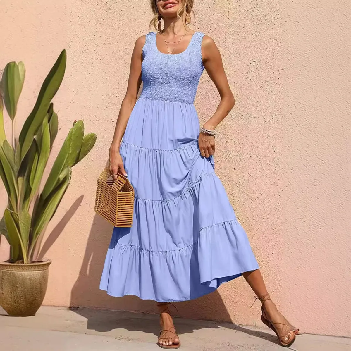 Solid Color Sleeveless Strap Pleated Maxi Dress