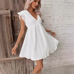 Bohemian Women Casual White V-Neck Cotton Ruffled Dress