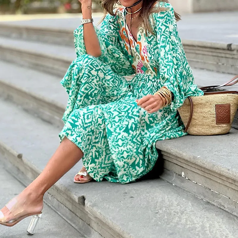 Women Fashion Casual Print Long Sleeve Maxi Dress