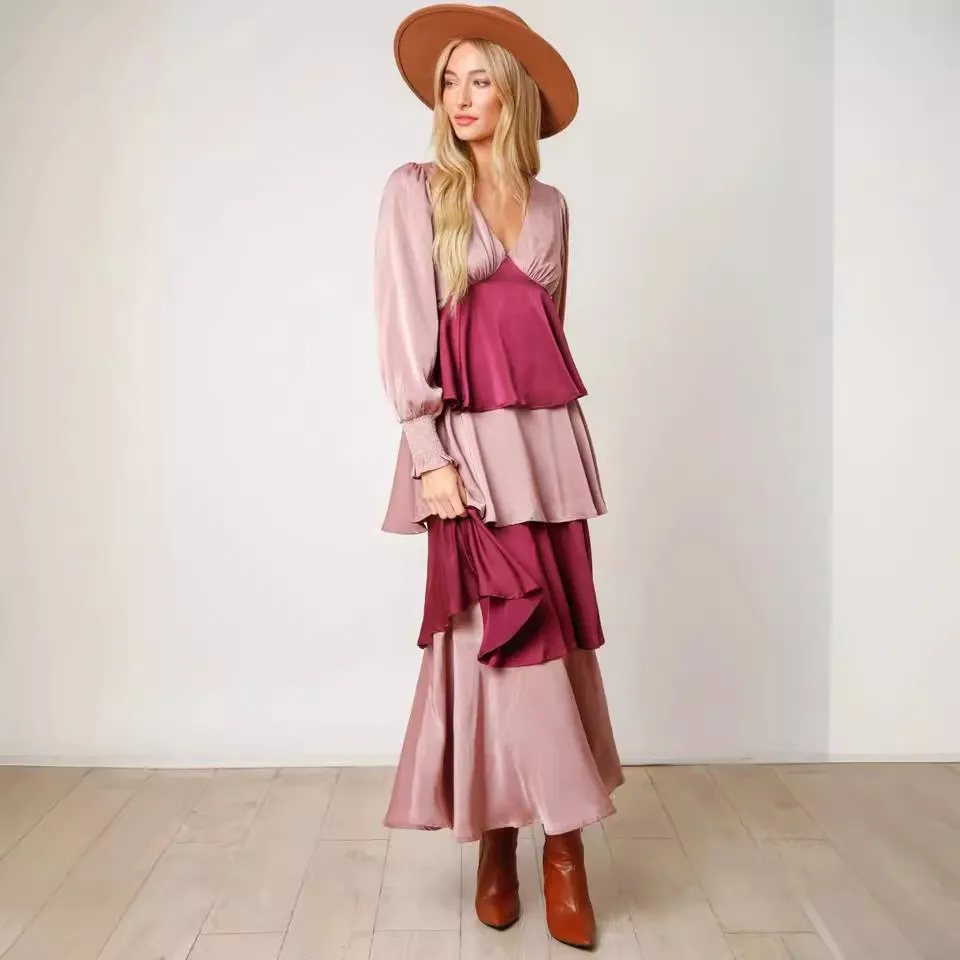 Women Fashion V-Neck Color Block Stitching Long Sleeve Dress