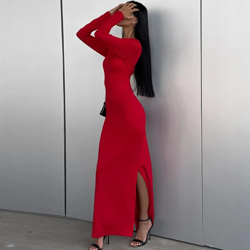 Women Fashion Solid Color Long Sleeve Split Maxi Dress