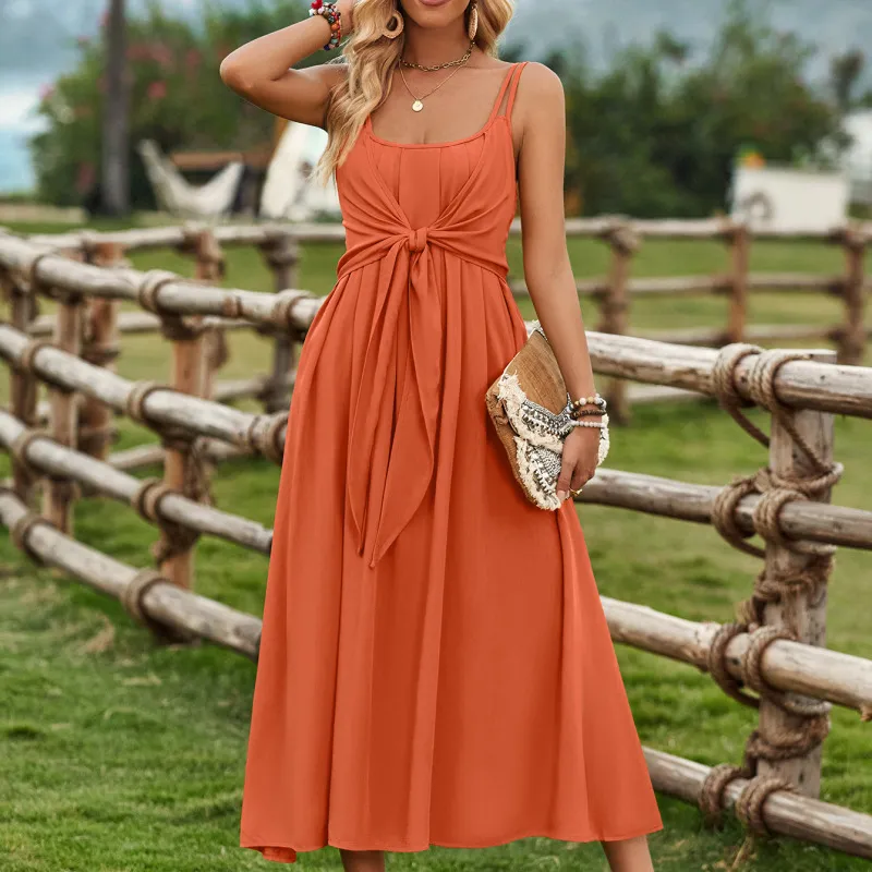 Women Fashion Solid Color Sling Strap Defined Waist Dress