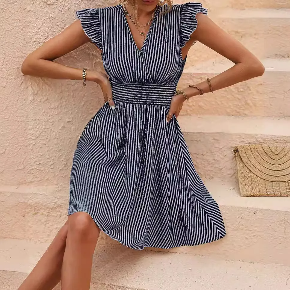 Women Fashion Stripe Print Ruffled Sleeve Dress