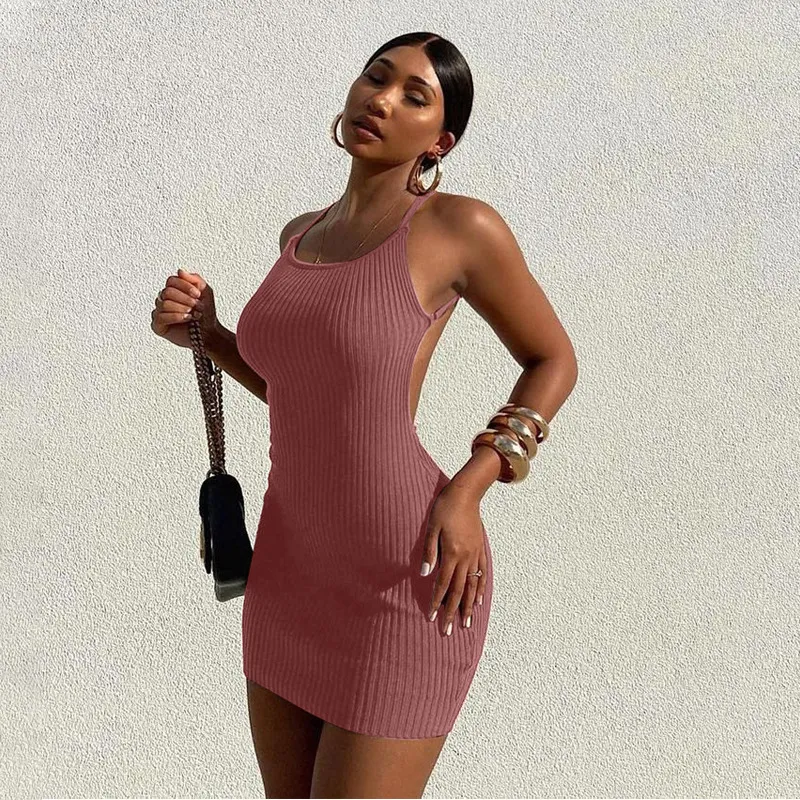 Women Fashion Sexy Solid Color Knitted Strap Backless Slim Dress