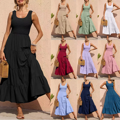 Solid Color Sleeveless Strap Pleated Maxi Dress