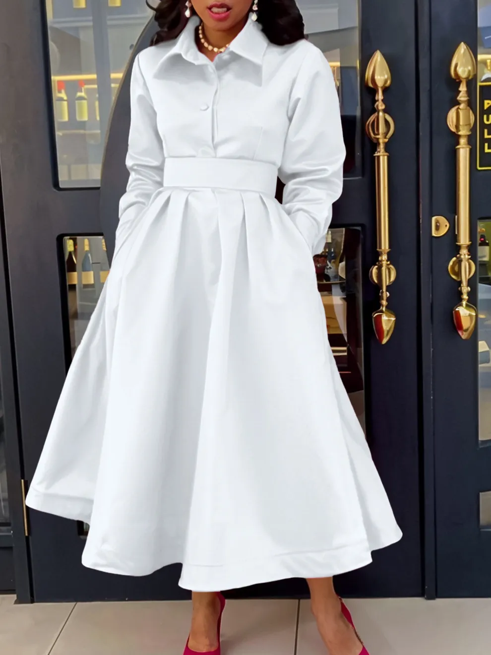 Winter Large Swing Lapel Long Sleeve Midi Dress