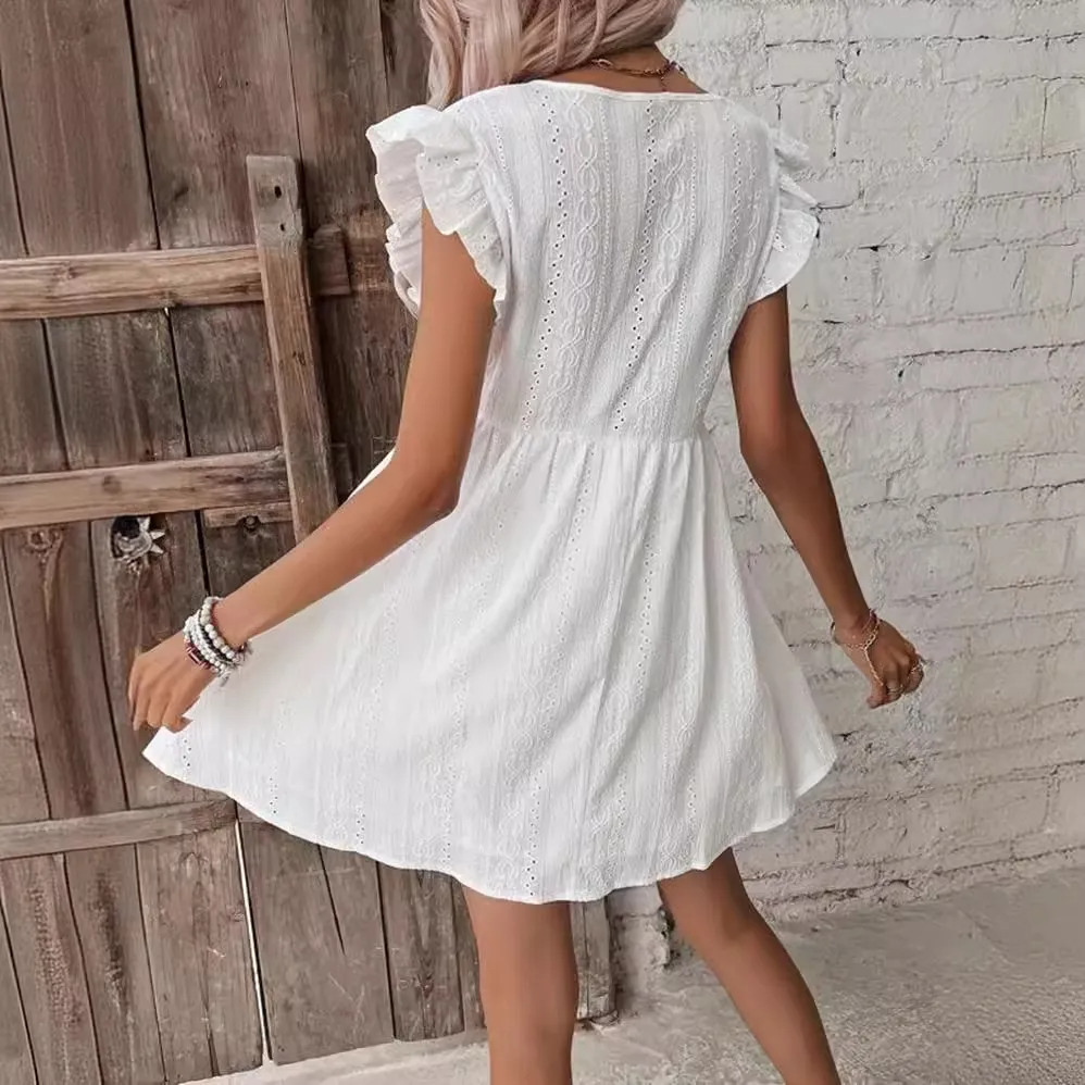 Bohemian Women Casual White V-Neck Cotton Ruffled Dress