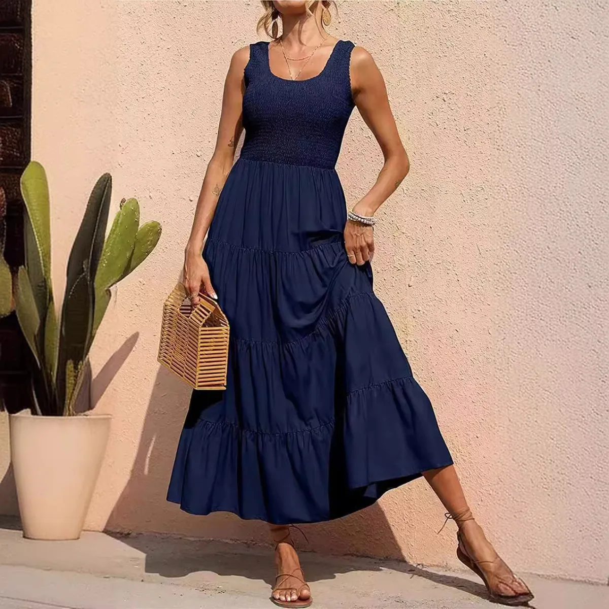 Solid Color Sleeveless Strap Pleated Maxi Dress