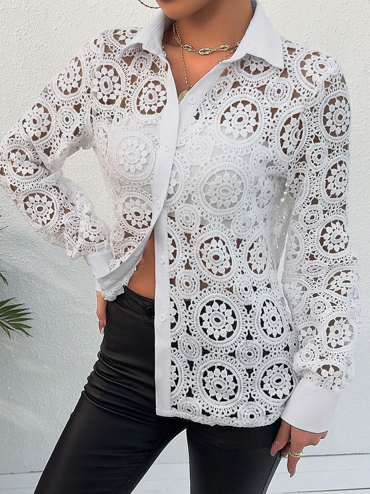 Women Fashion V-Neck Lace Long Sleeve Shirt