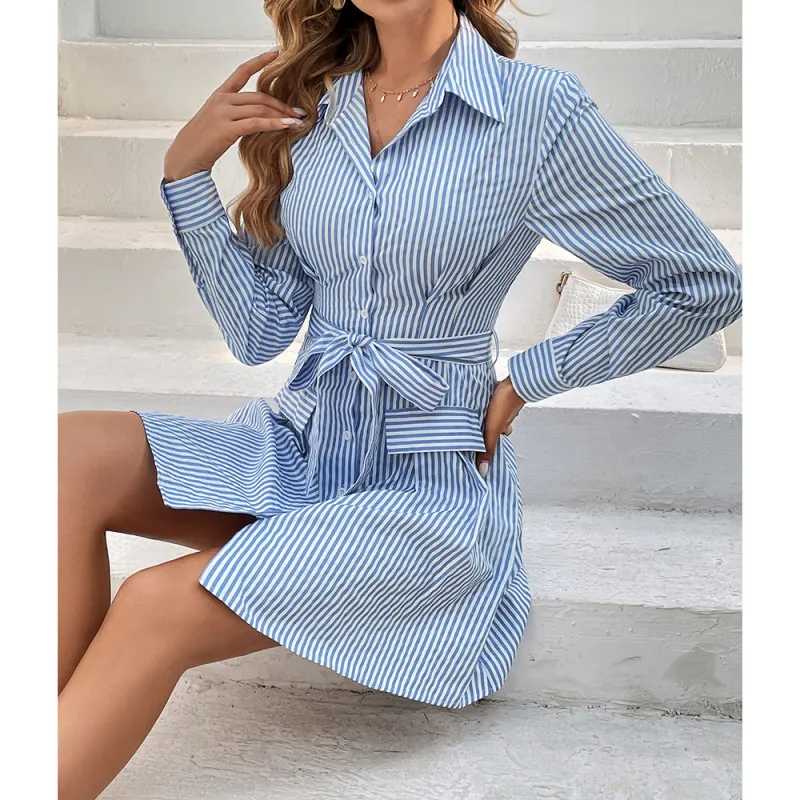 Women Fashion Casual Stripe Printing Long Sleeve Single-Breasted Lace-Up Dress