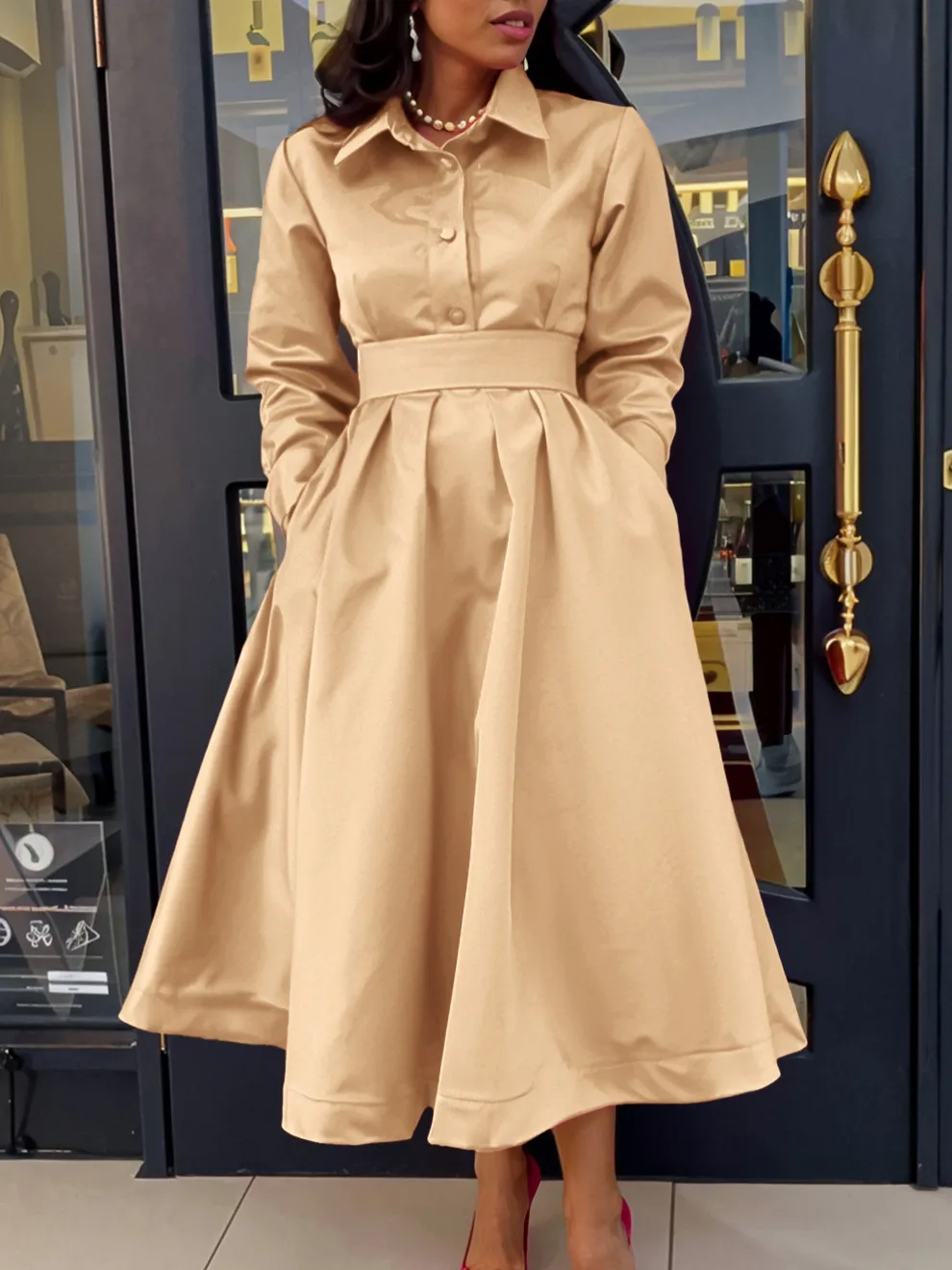 Winter Large Swing Lapel Long Sleeve Midi Dress