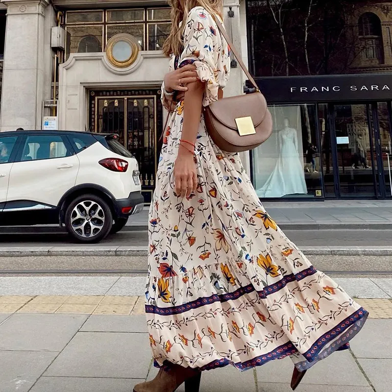 Women Fashion Casual Bohemian Print Maxi Dress