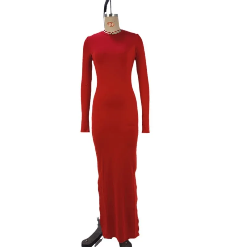 Women Fashion Solid Color Long Sleeve Split Maxi Dress