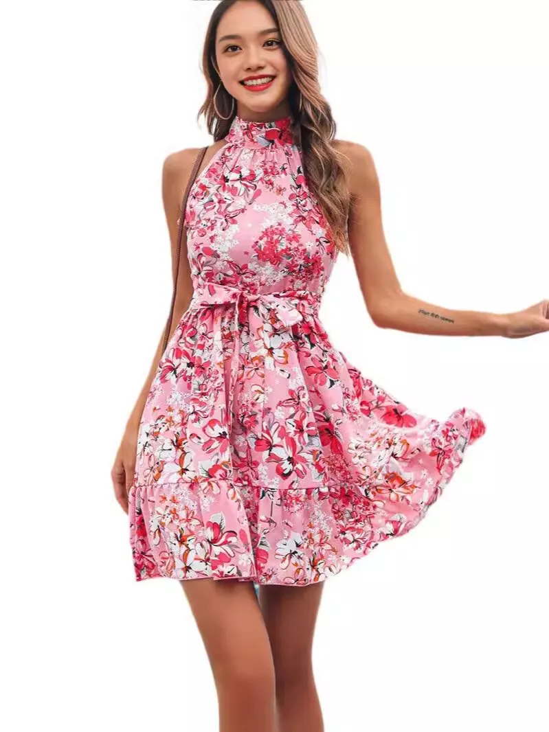 Women Fashion Tiny Flower Printed Sleeveless Dress