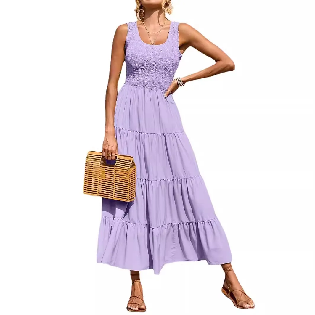 Solid Color Sleeveless Strap Pleated Maxi Dress